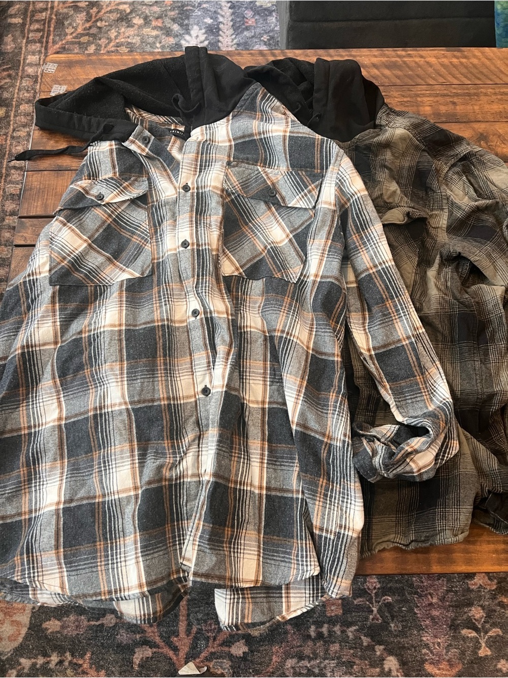 Men's Black Cream Plaid Hooded Flannel Shirt Jacket Trinity coast 2 shirt lot